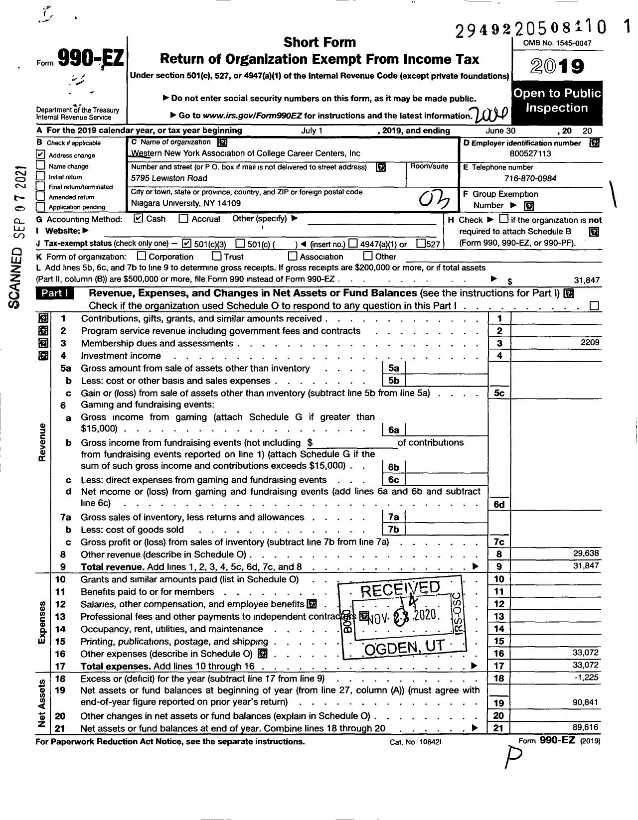 Image of first page of 2019 Form 990EZ for Western New York Association of College Career Centers