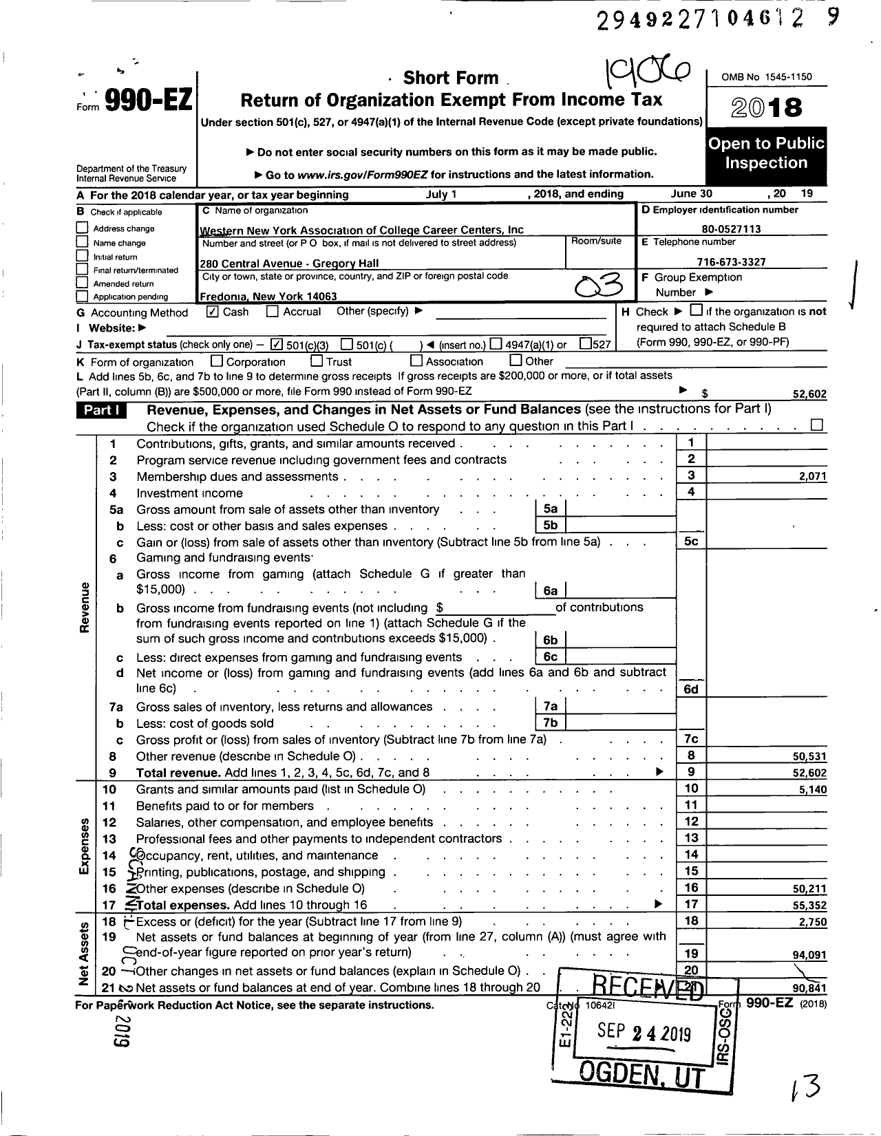 Image of first page of 2018 Form 990EZ for Western New York Association of College Career Centers