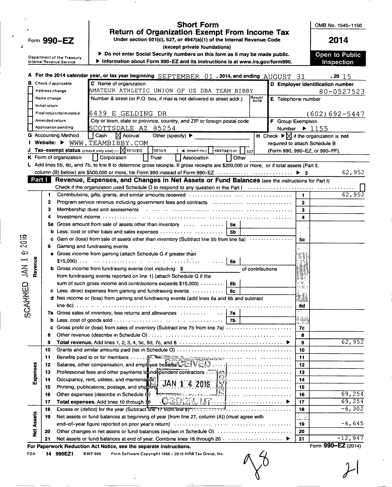 Image of first page of 2014 Form 990EZ for Amateur Athletic Union - Team Bibby