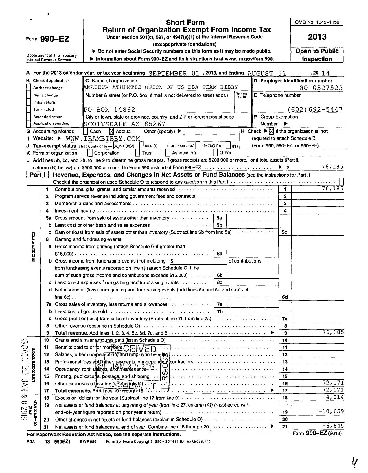 Image of first page of 2013 Form 990EZ for Amateur Athletic Union - Team Bibby