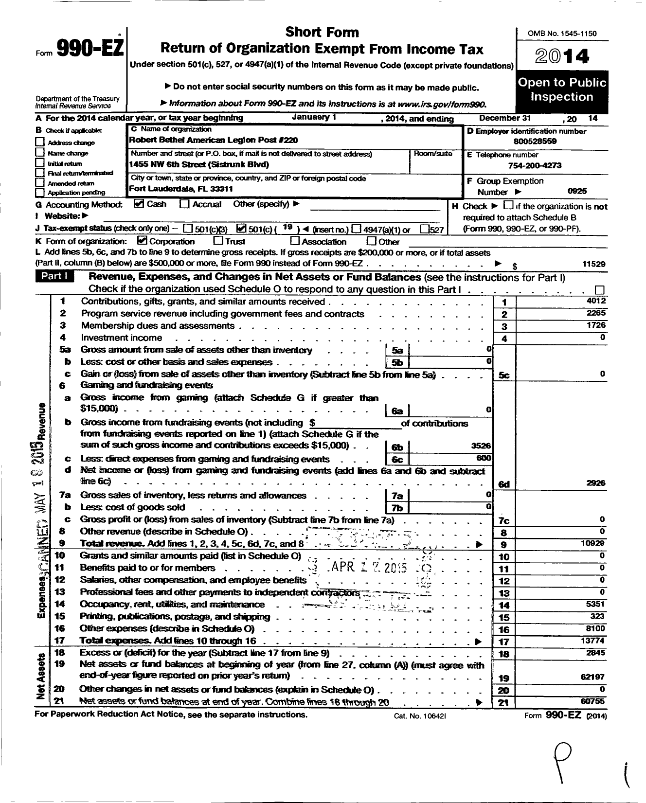 Image of first page of 2014 Form 990EO for American Legion - 220 Post