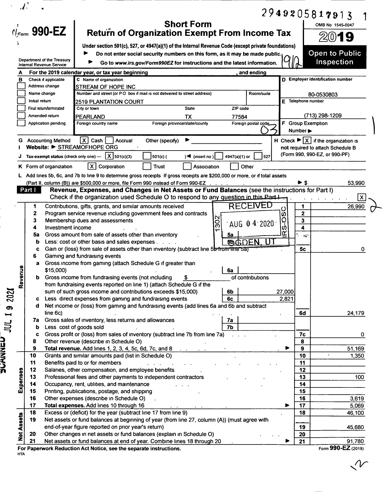 Image of first page of 2019 Form 990EZ for Stream of Hope Inc Clean Water