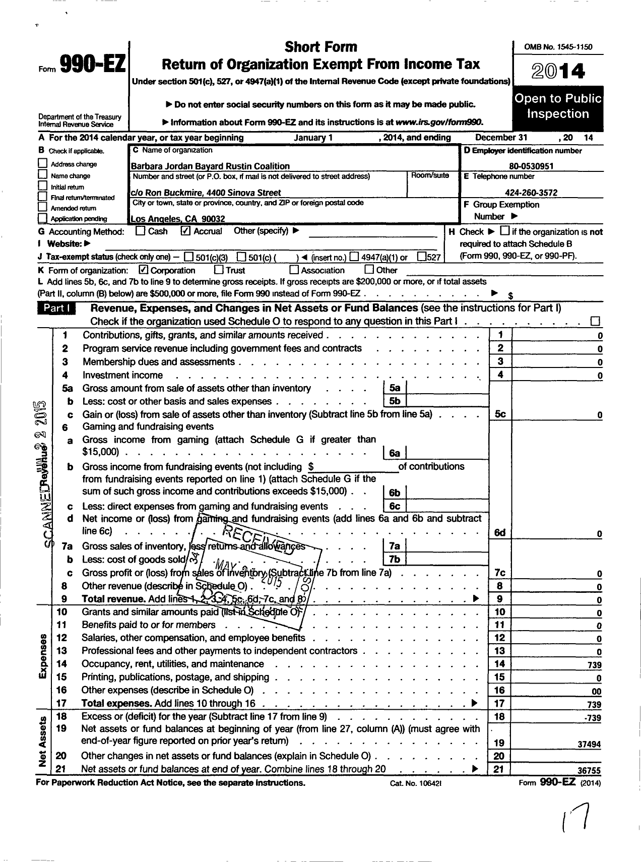 Image of first page of 2014 Form 990EO for Barbara Jordan-Bayard Rustin Coalition