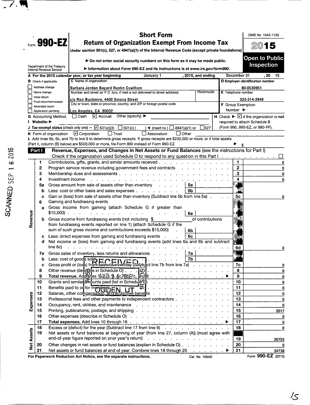 Image of first page of 2015 Form 990EZ for Barbara Jordan-Bayard Rustin Coalition