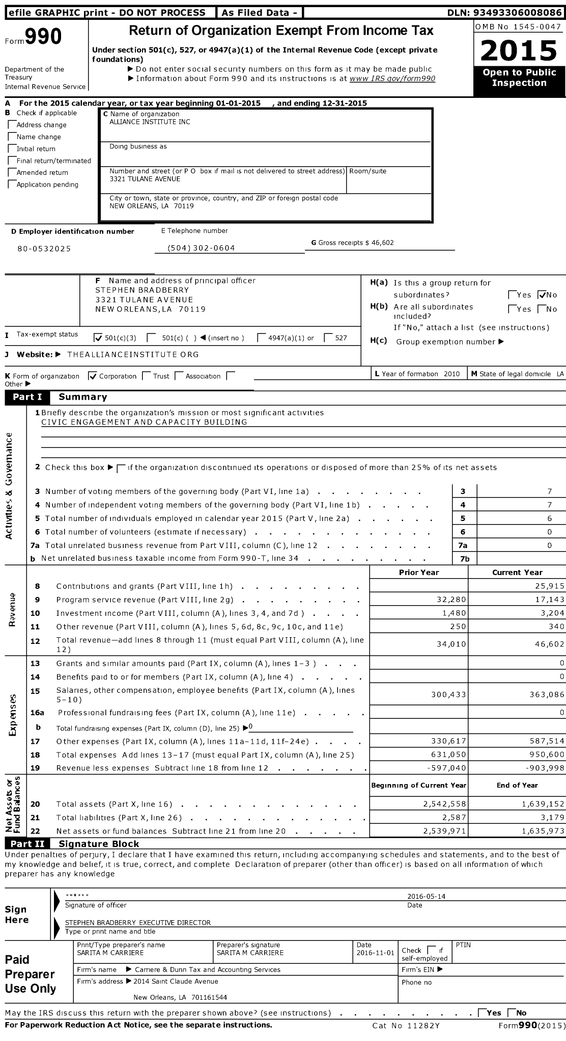 Image of first page of 2015 Form 990 for Alliance Institute