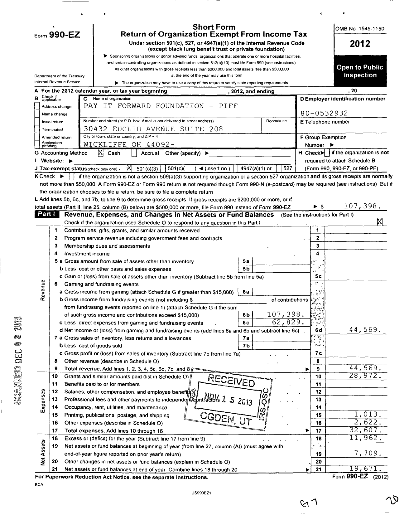 Image of first page of 2012 Form 990EZ for Pay It Foward Foundation