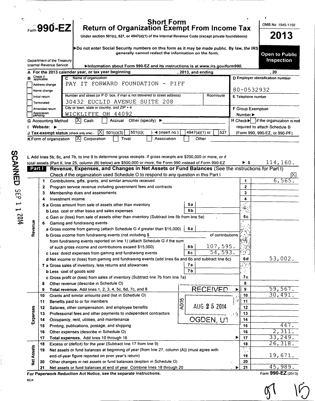 Image of first page of 2013 Form 990EZ for Pay It Foward Foundation