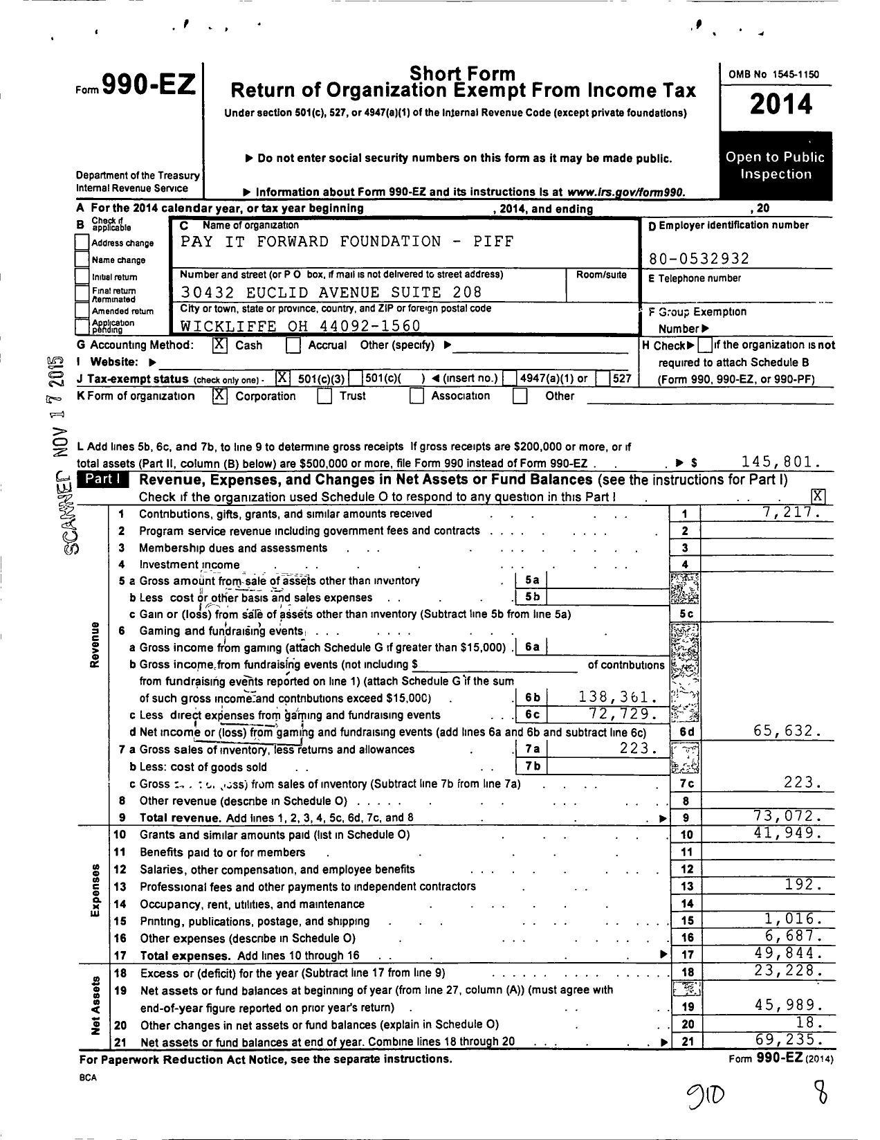 Image of first page of 2014 Form 990EZ for Pay It Foward Foundation