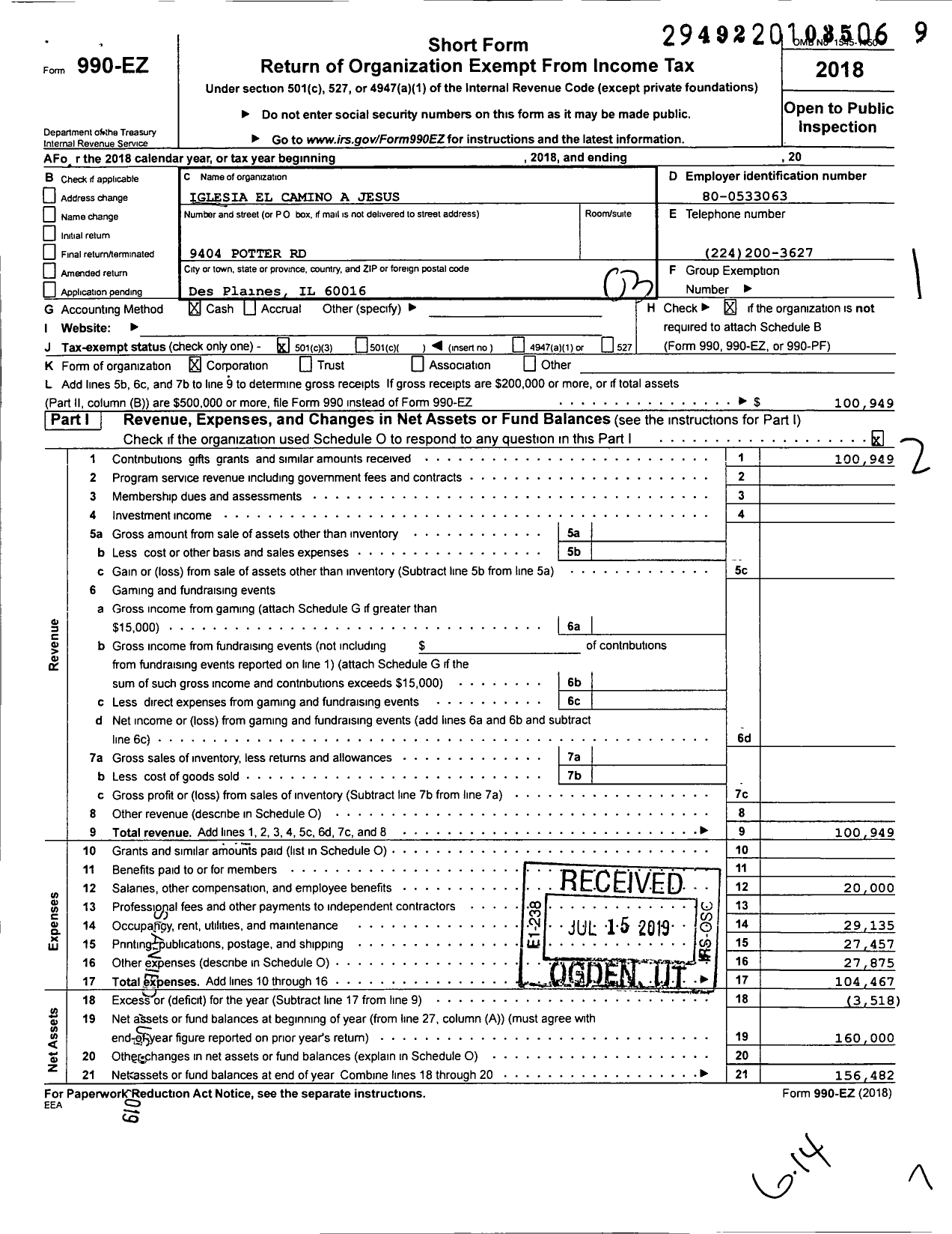 Image of first page of 2018 Form 990EZ for Iglesia El Camino A Jesus