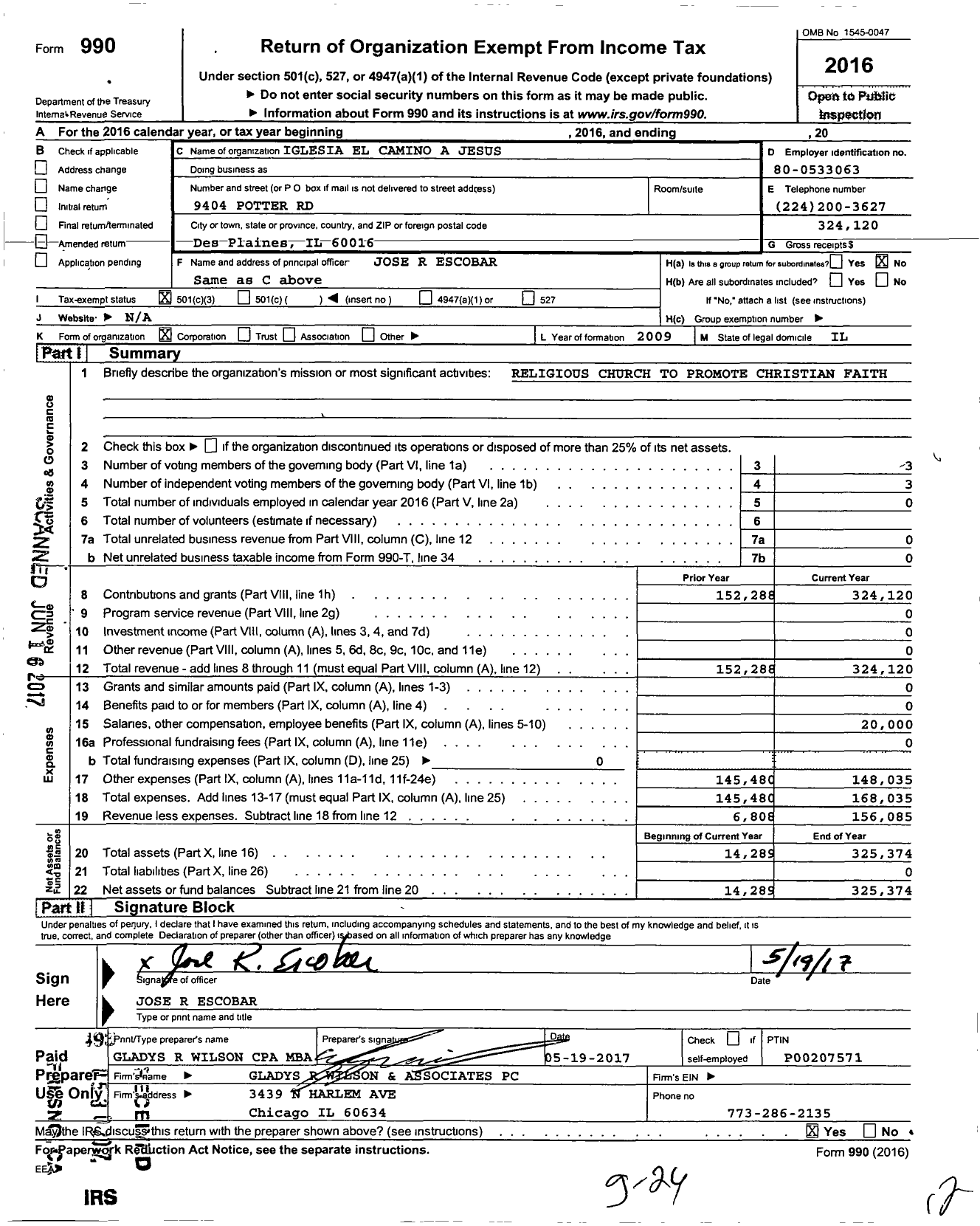 Image of first page of 2016 Form 990 for Iglesia El Camino A Jesus