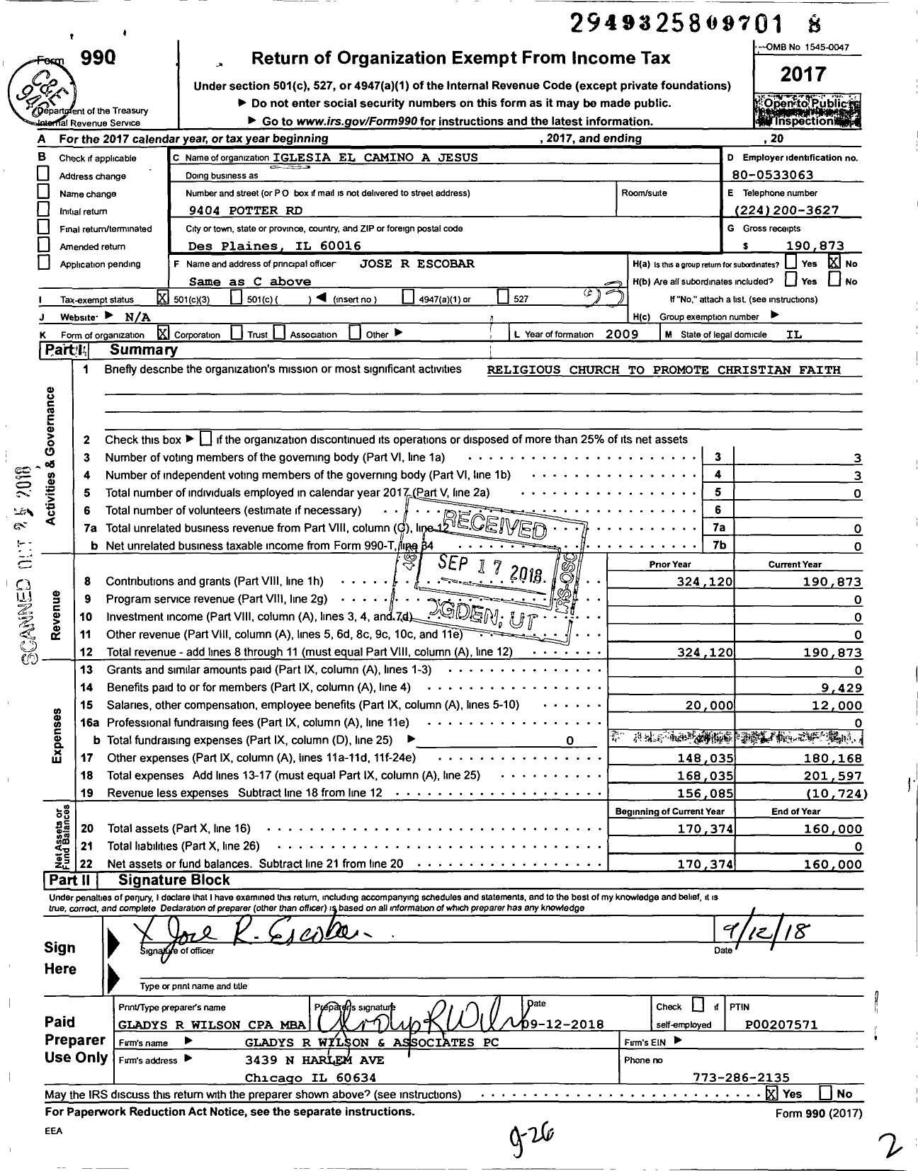 Image of first page of 2017 Form 990 for Iglesia El Camino A Jesus