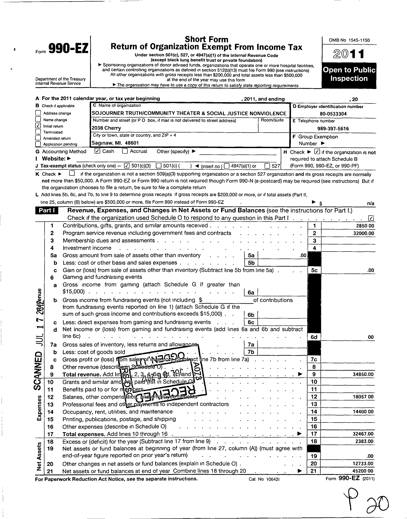 Image of first page of 2011 Form 990EZ for Sojourner Truth Community Theater and Social Justice Center