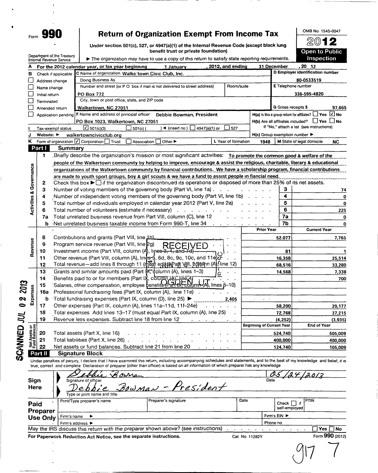 Image of first page of 2012 Form 990 for Walkertown Civic Club