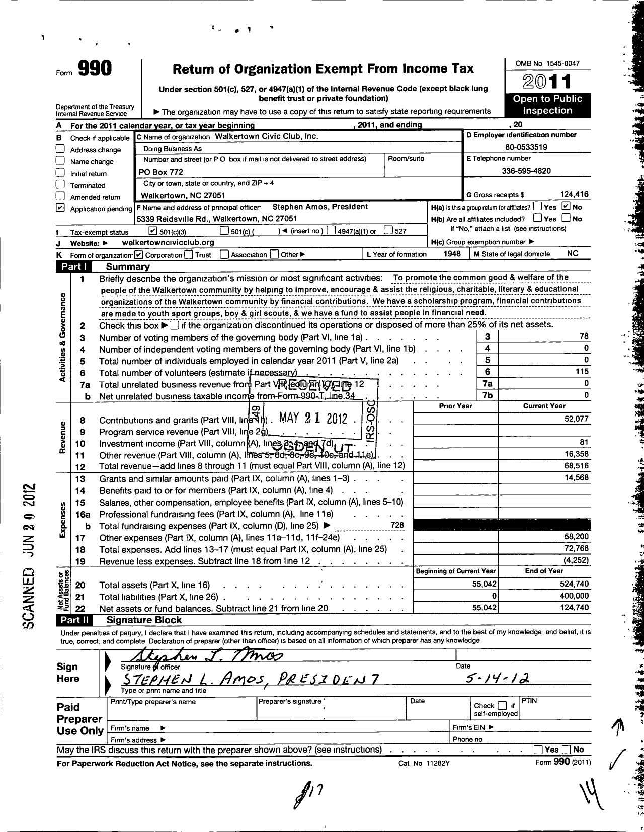 Image of first page of 2011 Form 990 for Walkertown Civic Club