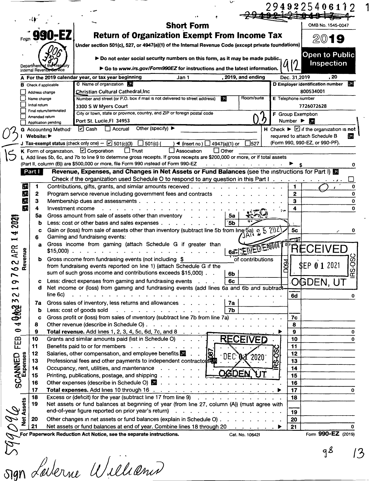 Image of first page of 2019 Form 990EZ for Christian Cultural Cathedral