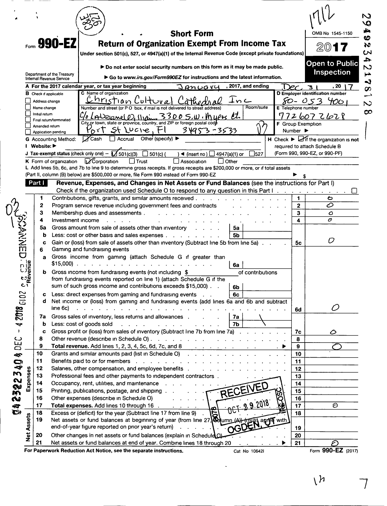 Image of first page of 2017 Form 990EZ for Christian Cultural Cathedral