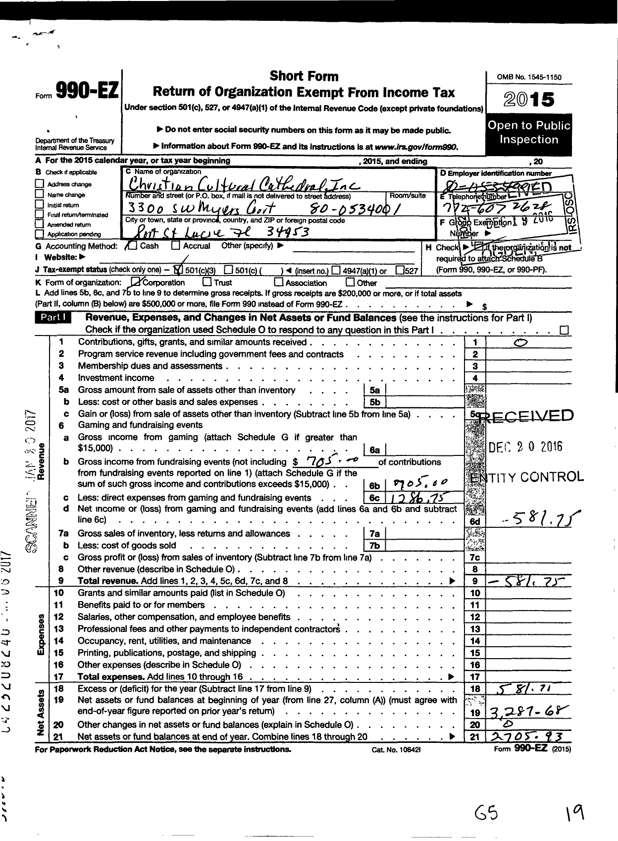 Image of first page of 2015 Form 990EZ for Christian Cultural Cathedral