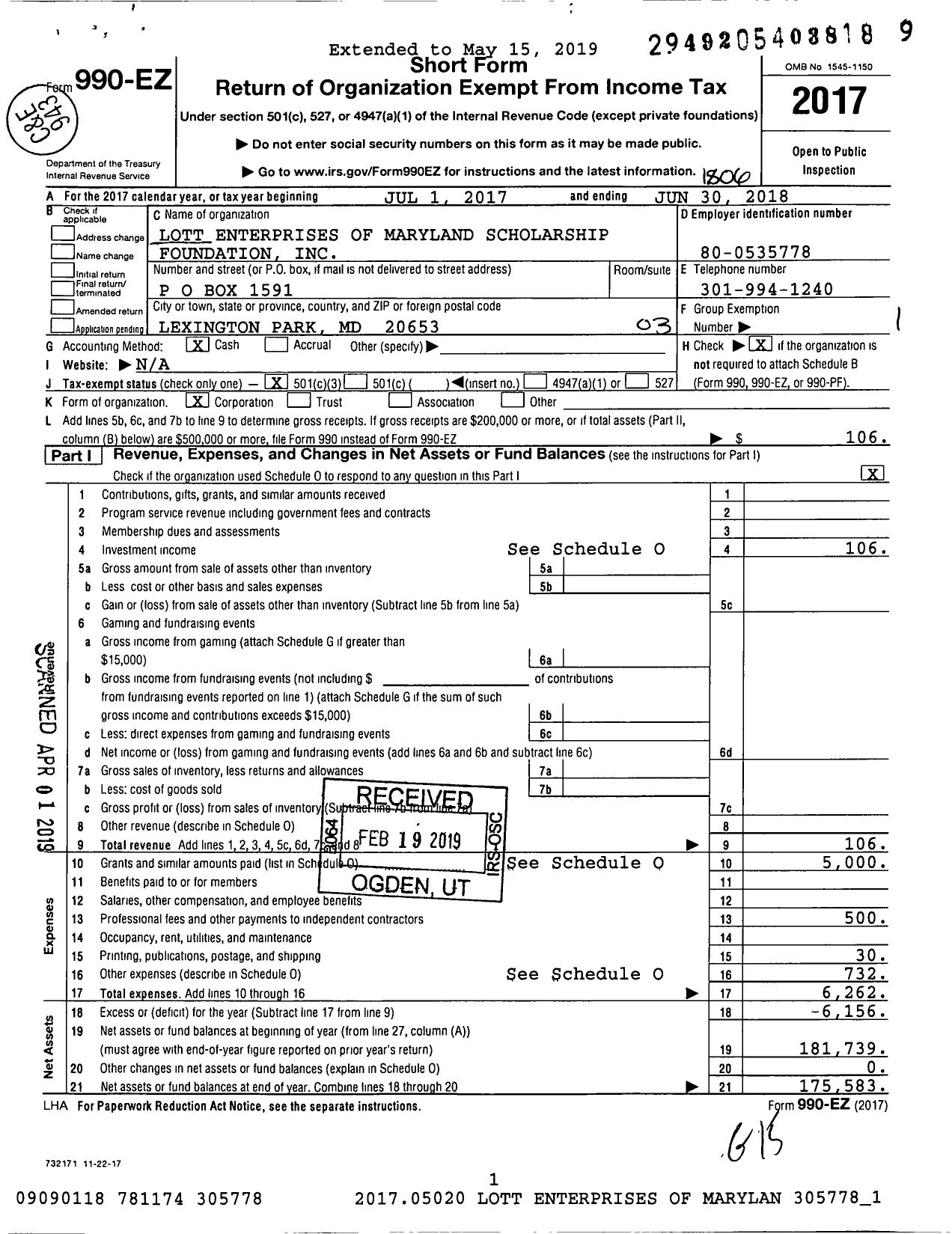 Image of first page of 2017 Form 990EZ for Lott Enterprises of MD Scholarship Foundation