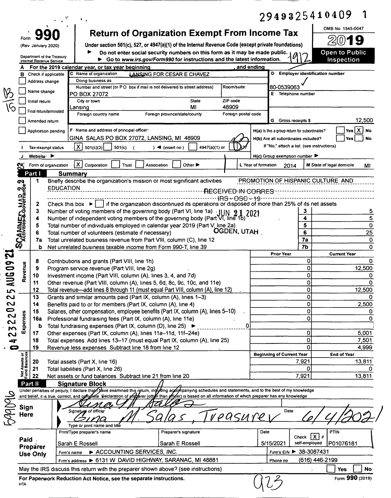 Image of first page of 2019 Form 990 for Lansing For Cesar E Chavez