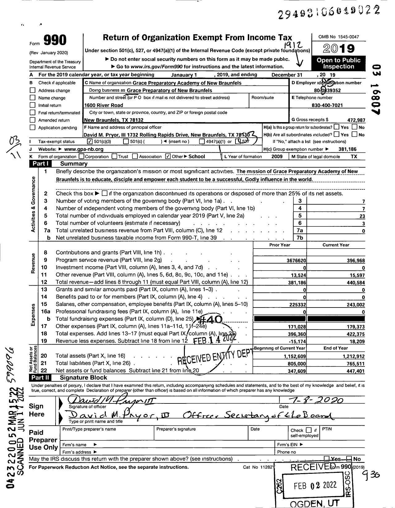 Image of first page of 2019 Form 990 for Grace Preparatory Academy of New Braunfels