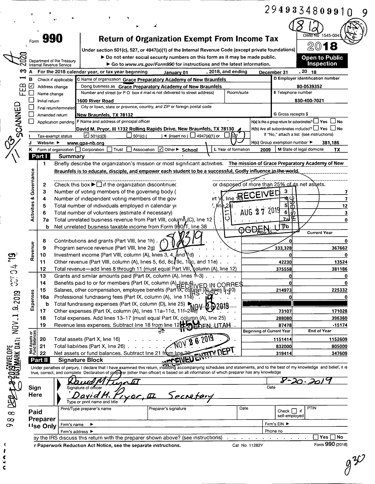 Image of first page of 2018 Form 990 for Grace Preparatory Academy of New Braunfels