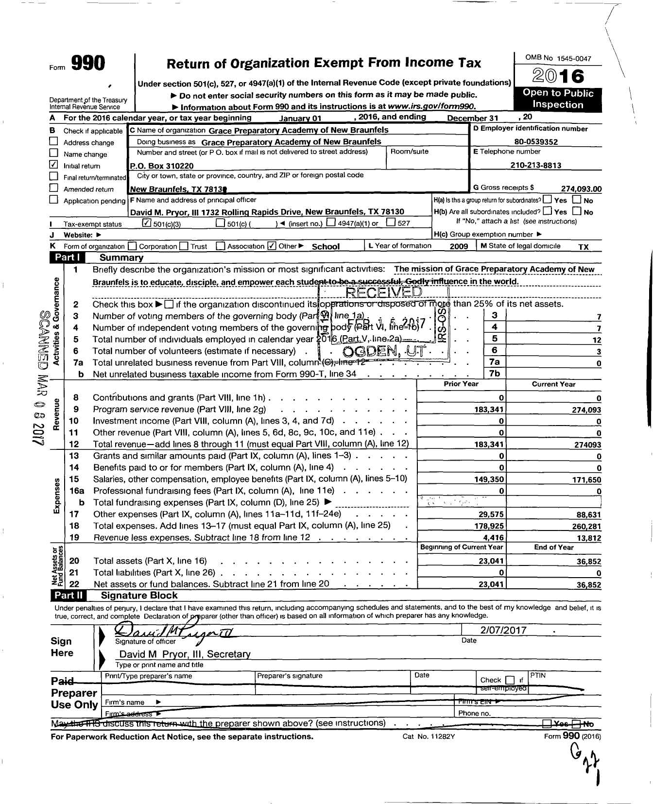 Image of first page of 2016 Form 990 for Grace Preparatory Academy of New Braunfels