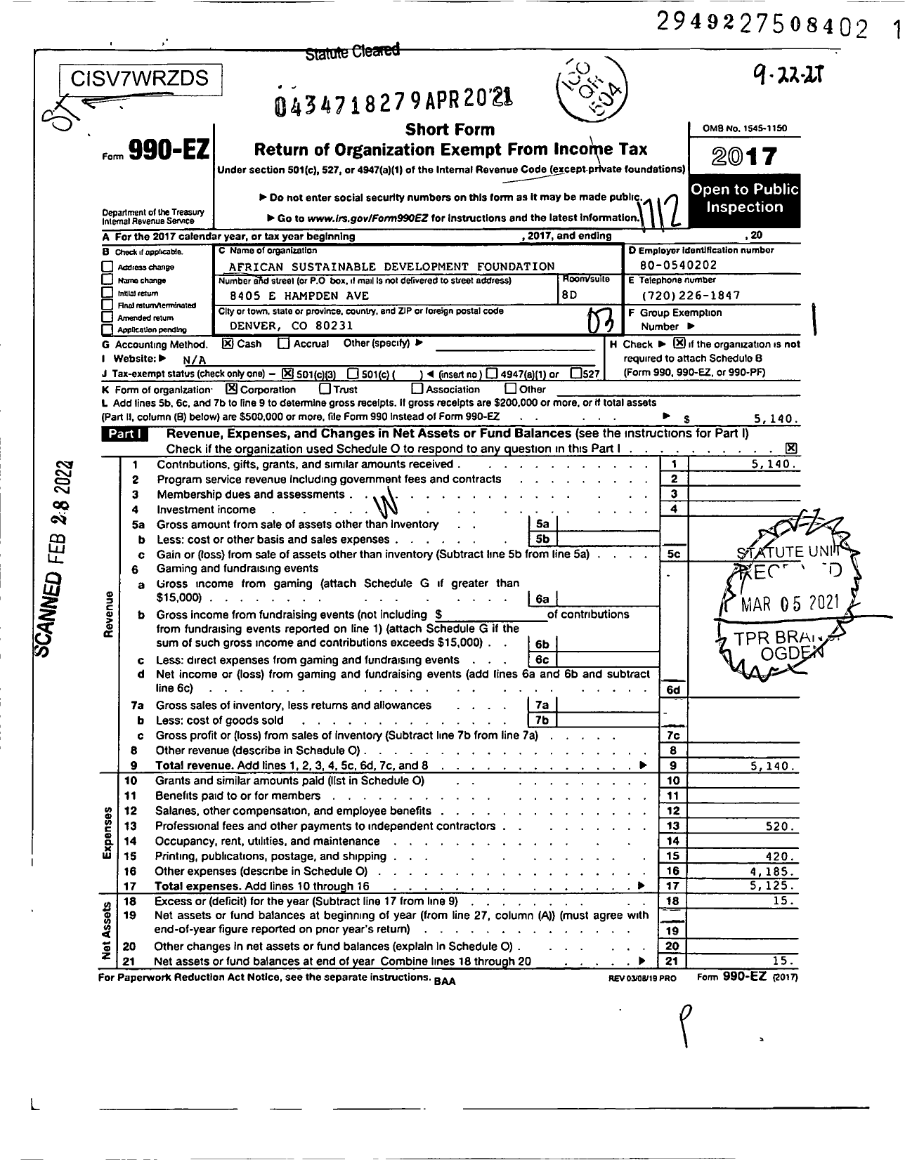 Image of first page of 2017 Form 990EZ for African Sustainable Development Foundation