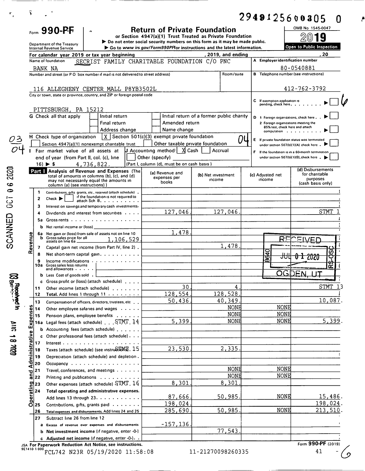 Image of first page of 2019 Form 990PR for Secrist Family Charitable Foundation PNC