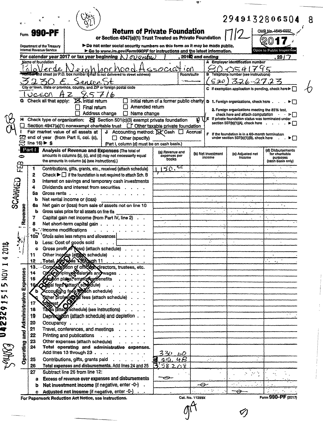 Image of first page of 2017 Form 990PF for Palo Verde Neighborhood Association