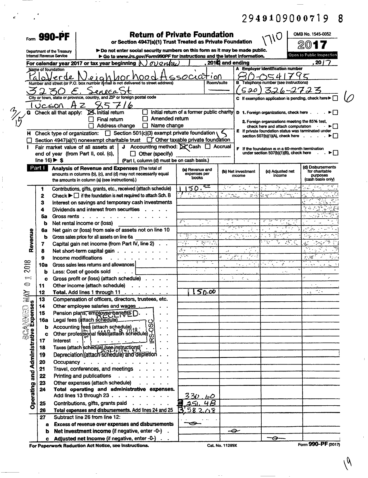 Image of first page of 2016 Form 990PF for Palo Verde Neighborhood Association