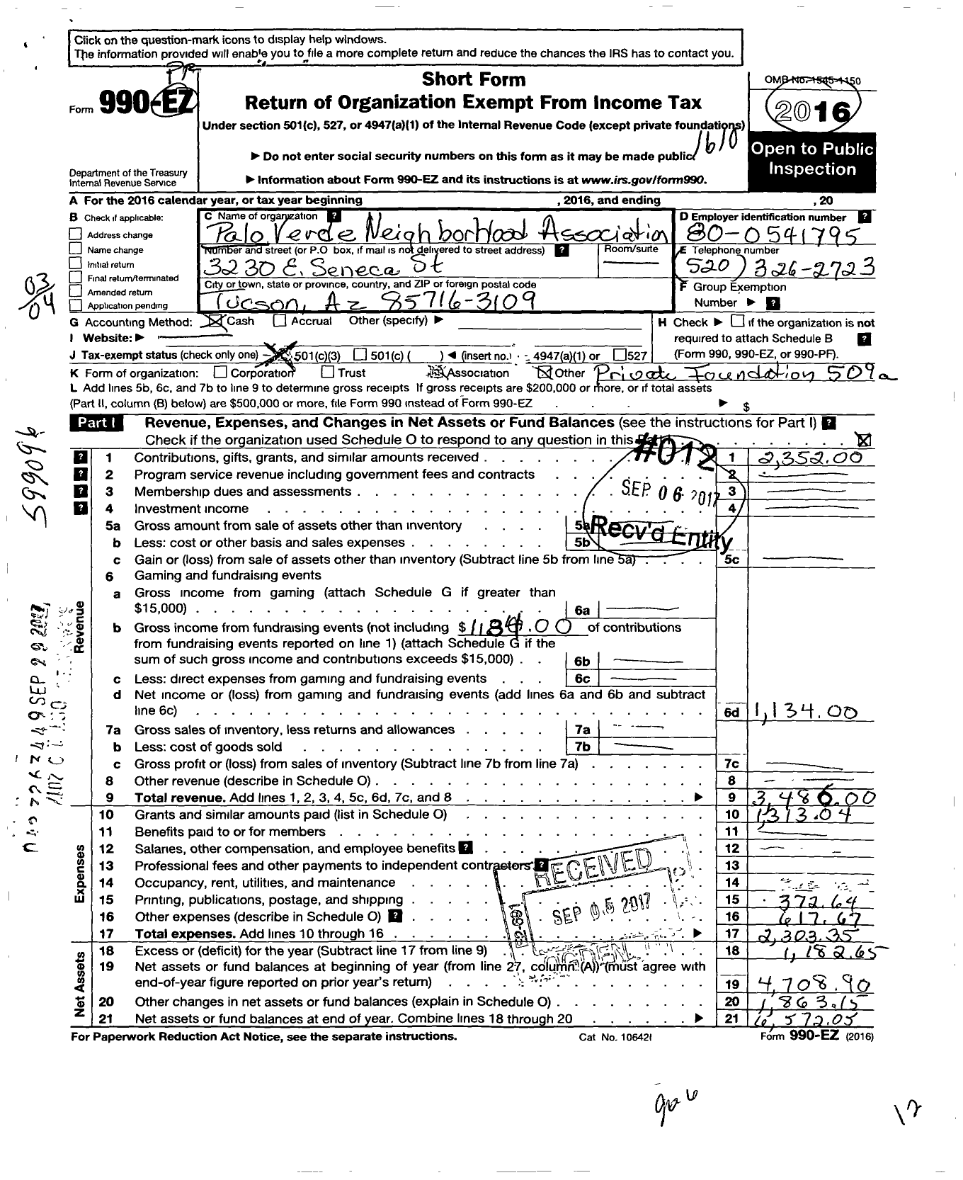 Image of first page of 2015 Form 990EZ for Palo Verde Neighborhood Association