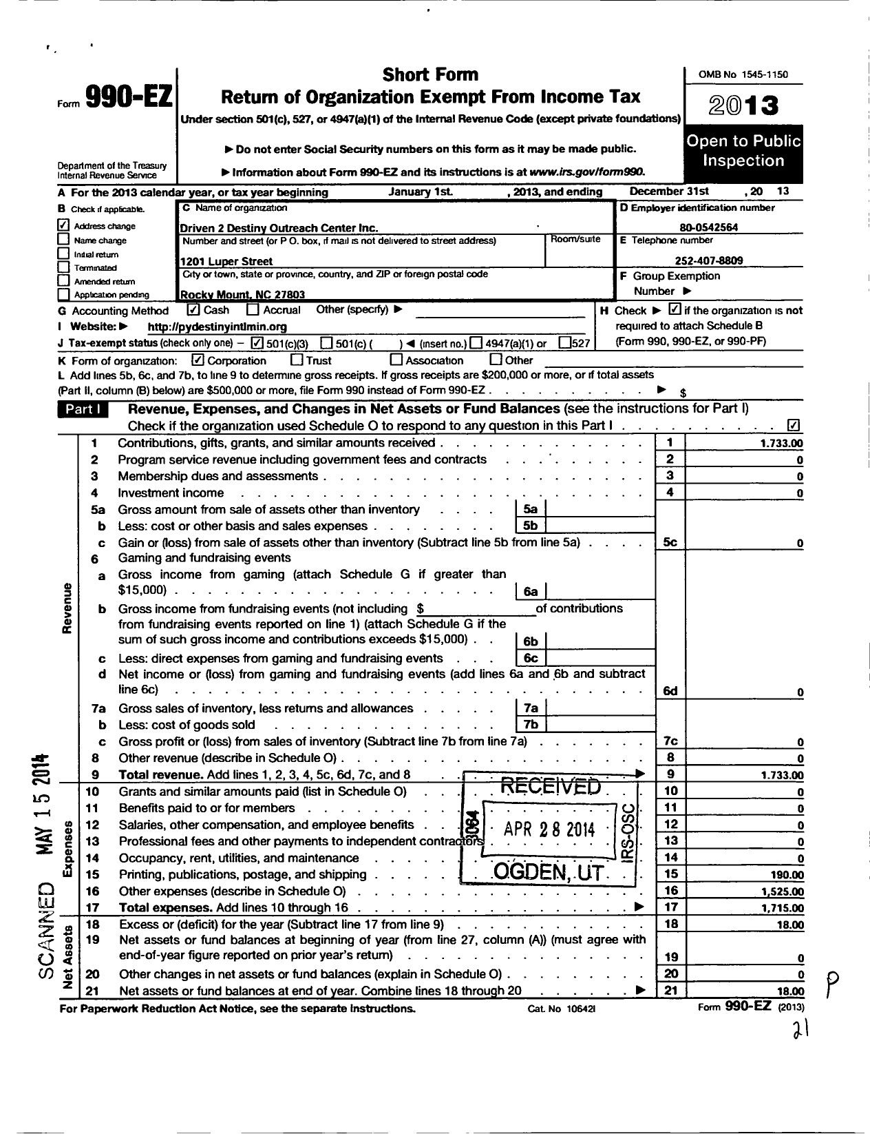 Image of first page of 2013 Form 990EZ for Driven 2 Destiny Outreach Center