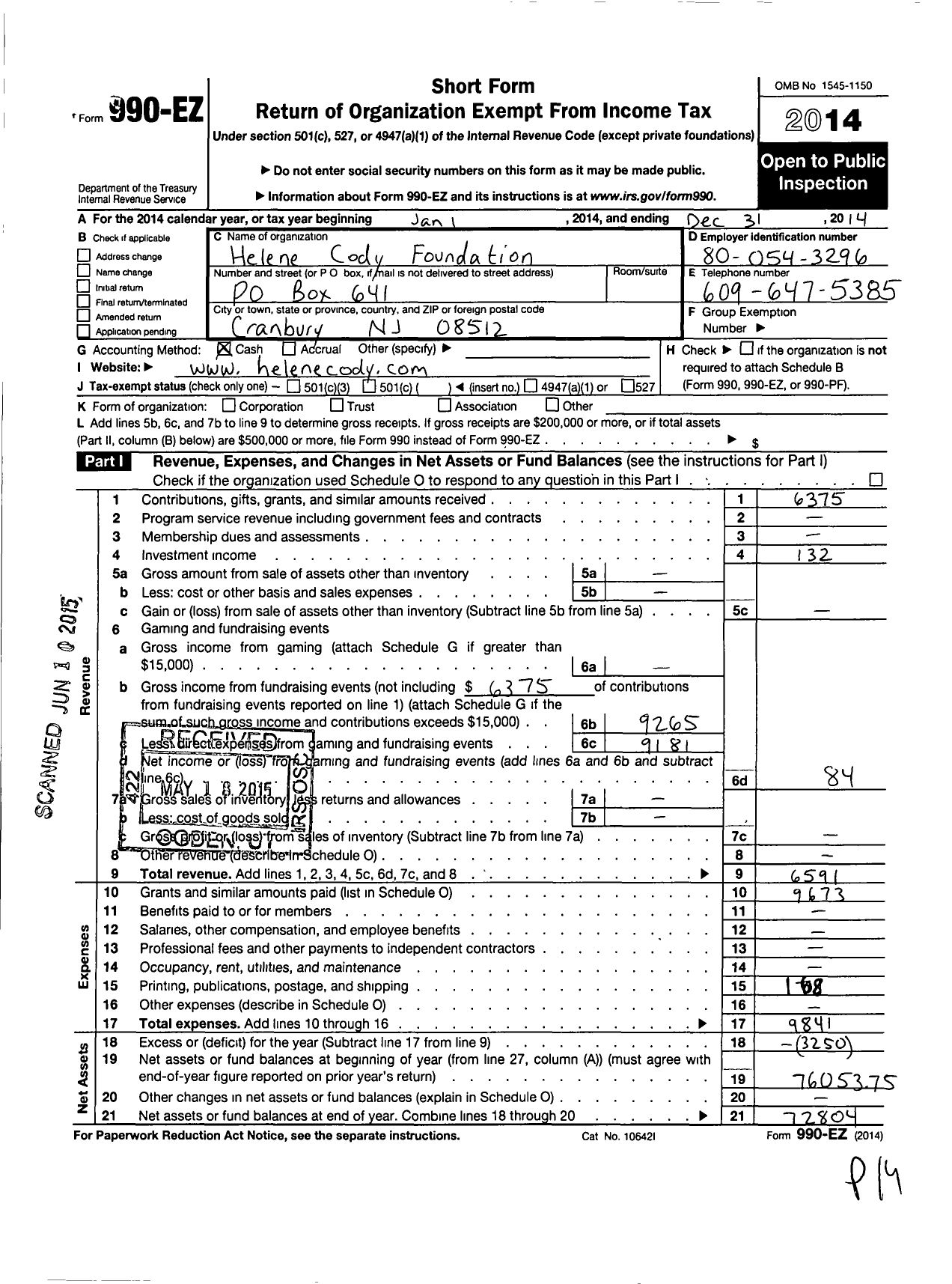 Image of first page of 2014 Form 990EO for Helene Cody Foundation