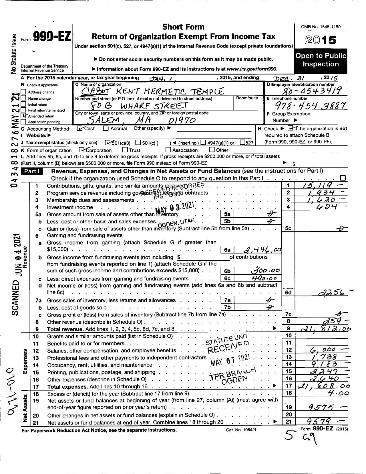 Image of first page of 2015 Form 990EA for Cabot Kent Hermetic Temple