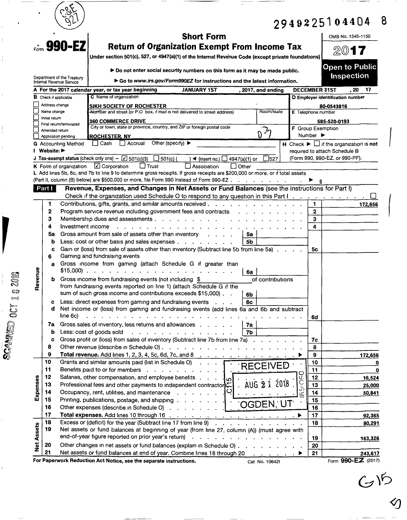 Image of first page of 2017 Form 990EZ for Sikh Society of Rochester