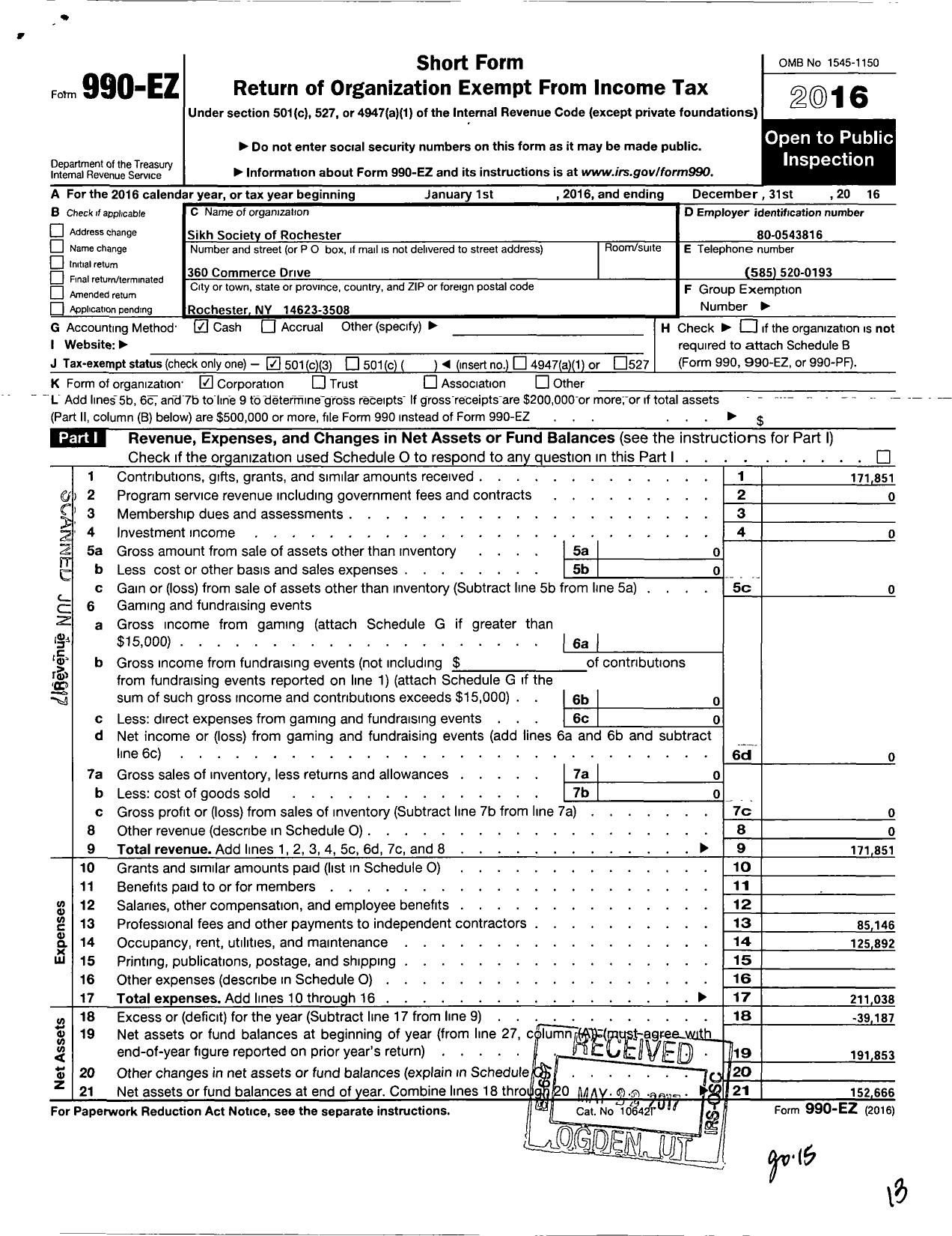 Image of first page of 2016 Form 990EZ for Sikh Society of Rochester