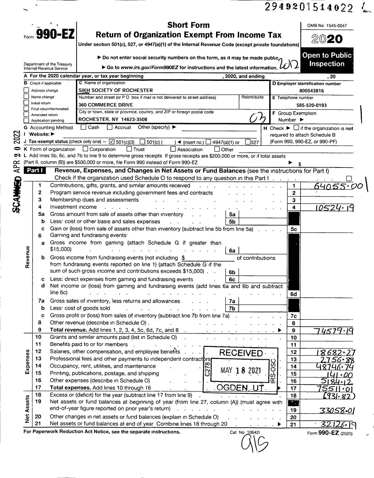 Image of first page of 2020 Form 990EZ for Sikh Society of Rochester