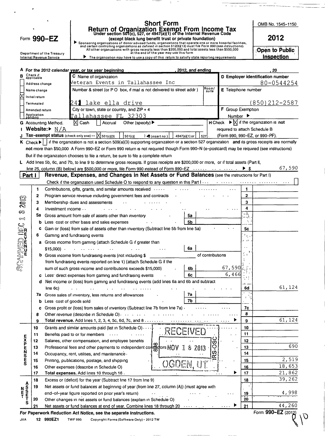 Image of first page of 2012 Form 990EZ for Veteran Events in Tallahassee