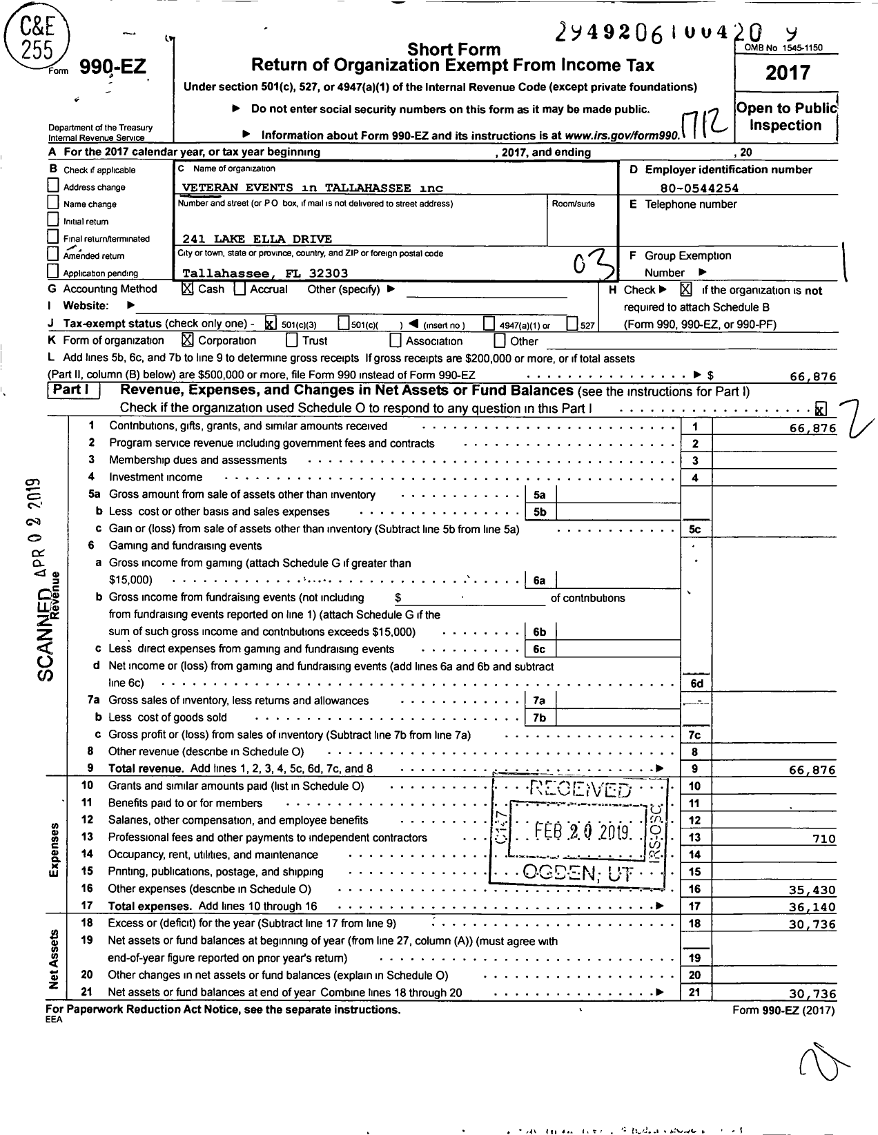 Image of first page of 2017 Form 990EZ for Veteran Events in Tallahassee