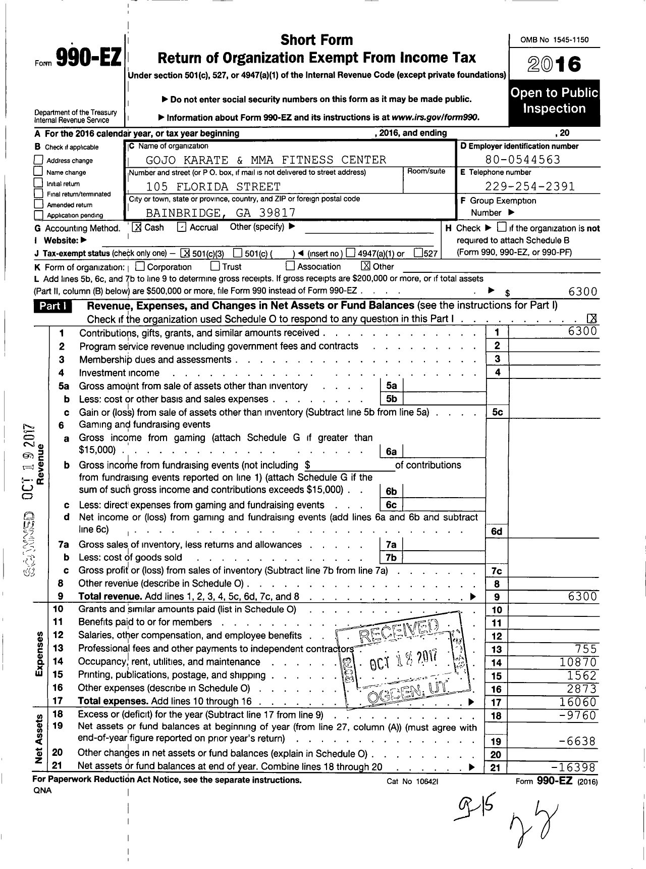 Image of first page of 2016 Form 990EZ for Gojo Karate and Mma Fitness Center