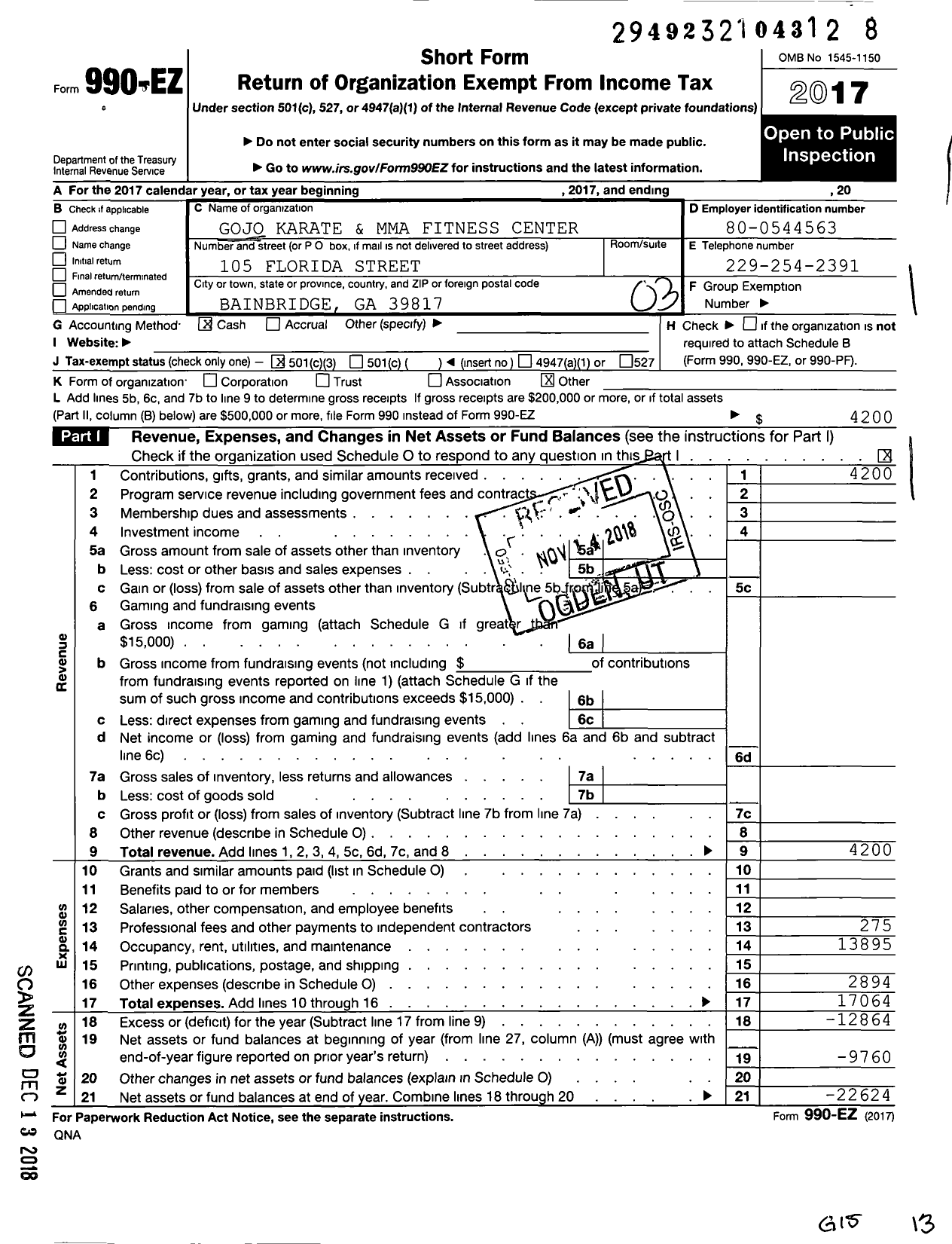 Image of first page of 2017 Form 990EZ for Gojo Karate and Mma Fitness Center