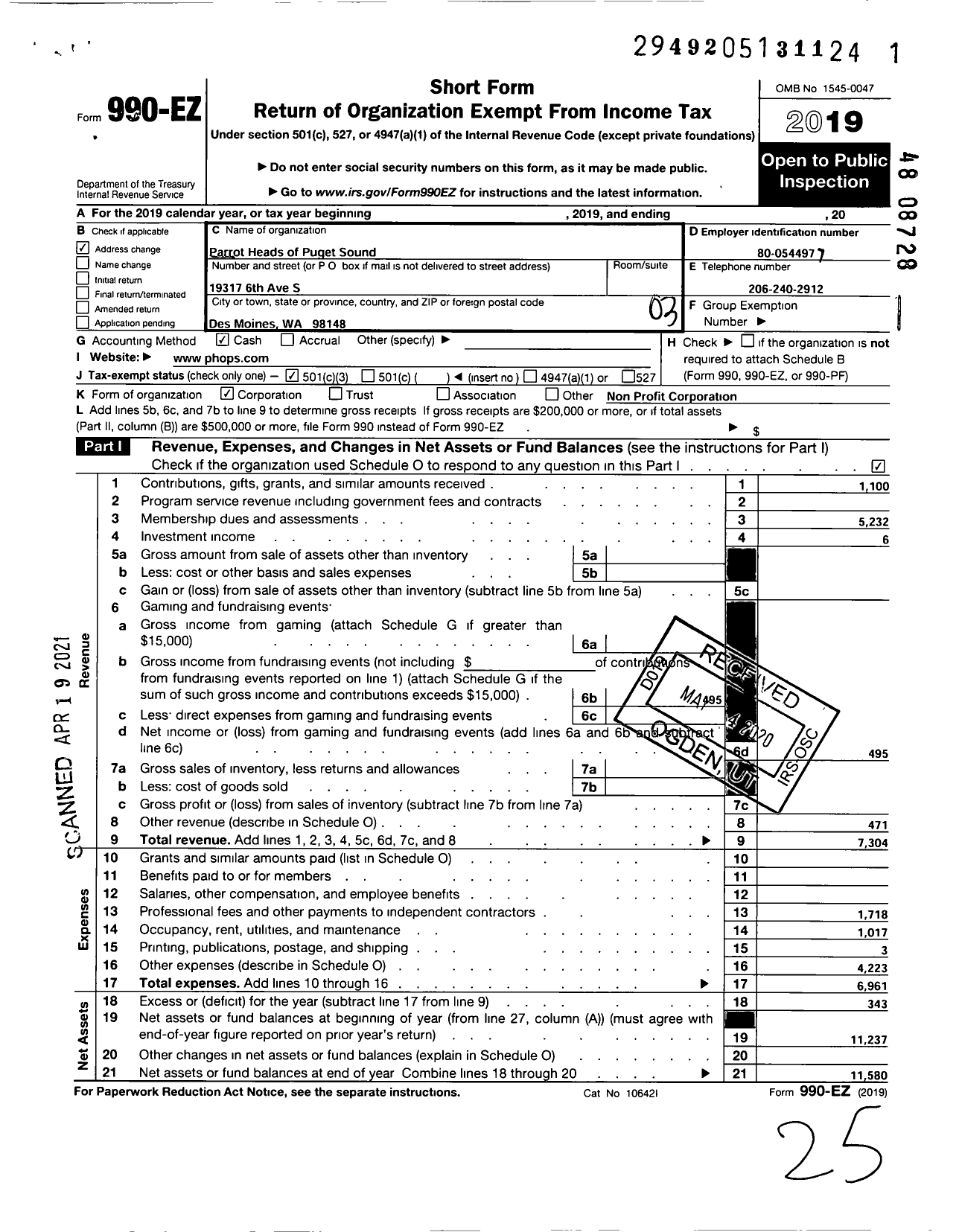 Image of first page of 2019 Form 990EZ for Parrot Heads of Puget Sound