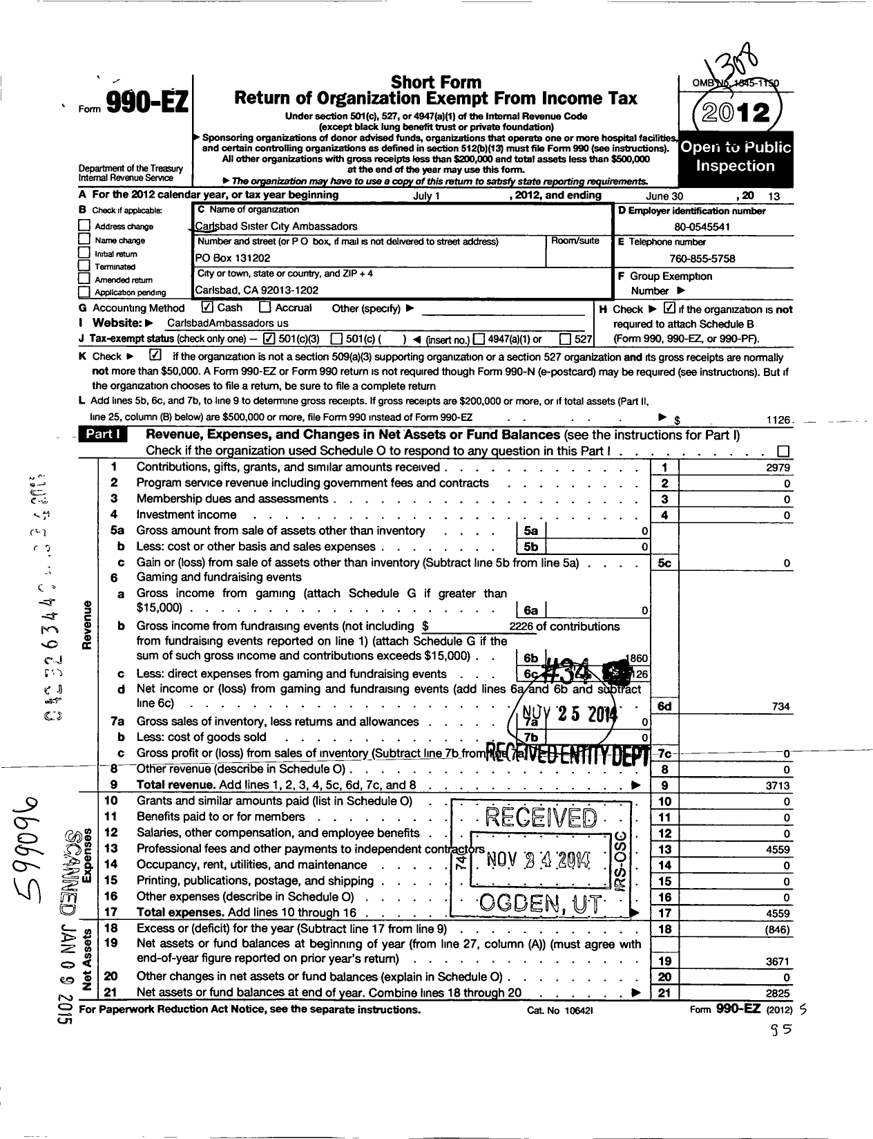 Image of first page of 2012 Form 990EZ for Carlsbad Sister City Ambassadors