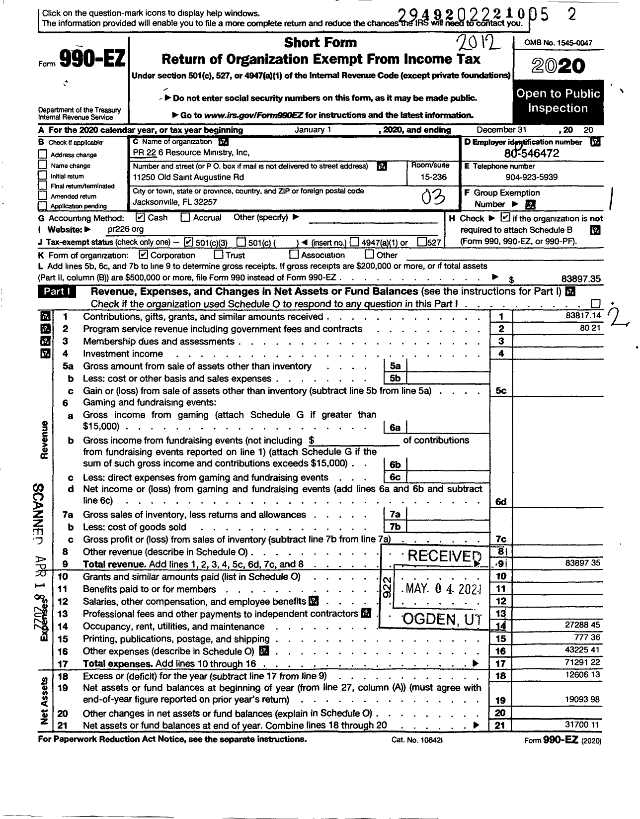 Image of first page of 2020 Form 990EZ for PR 22 6 Resource Ministry