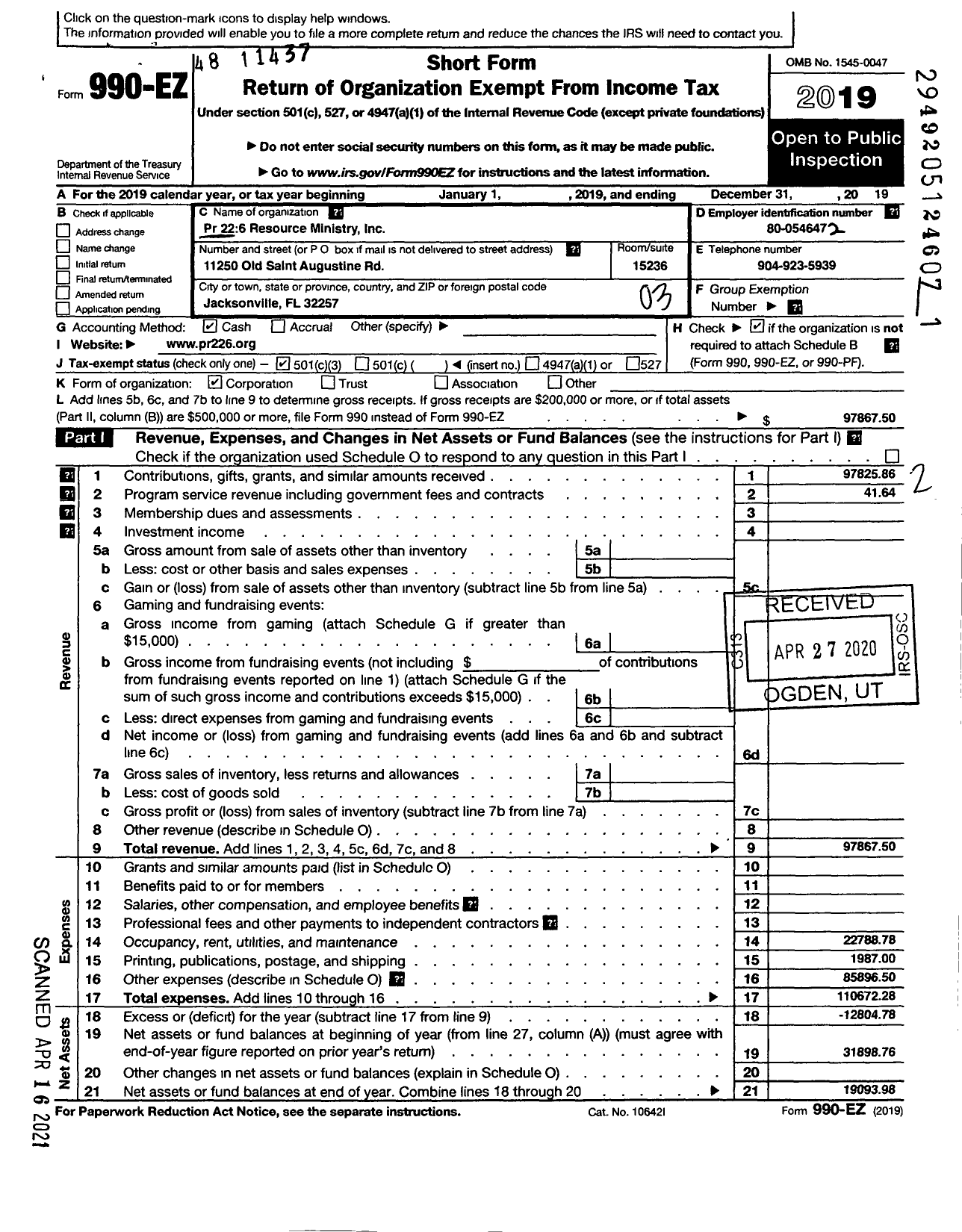 Image of first page of 2019 Form 990EZ for PR 22 6 Resource Ministry