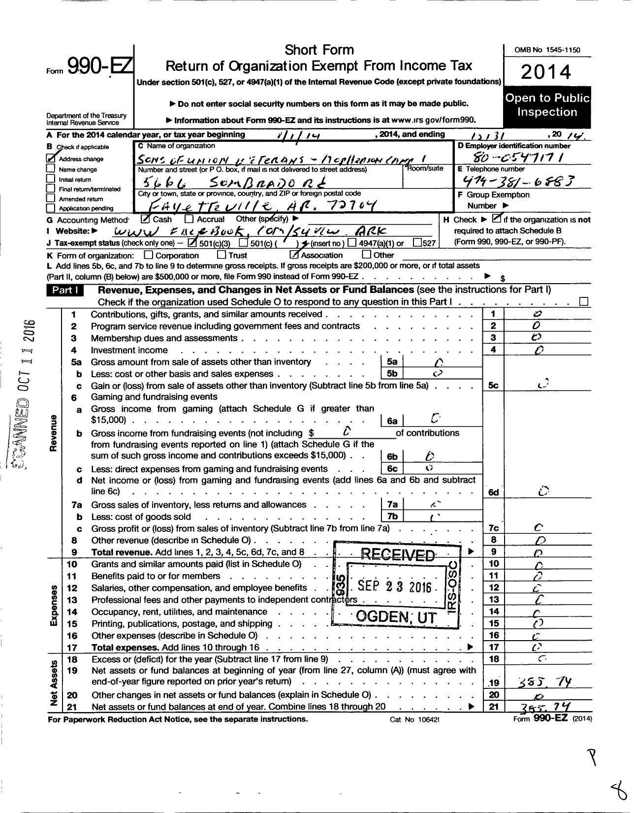 Image of first page of 2014 Form 990EZ for Sons of Union Veterans of the Civil War - 1 Gen Mcphearson