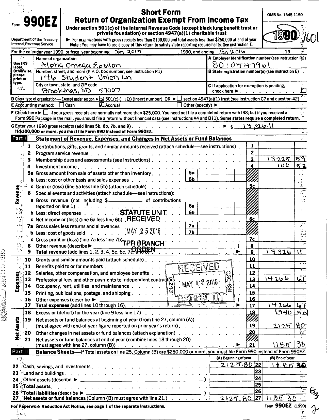 Image of first page of 2015 Form 990EO for Omega Chapter of Alpha Omega Epsilon