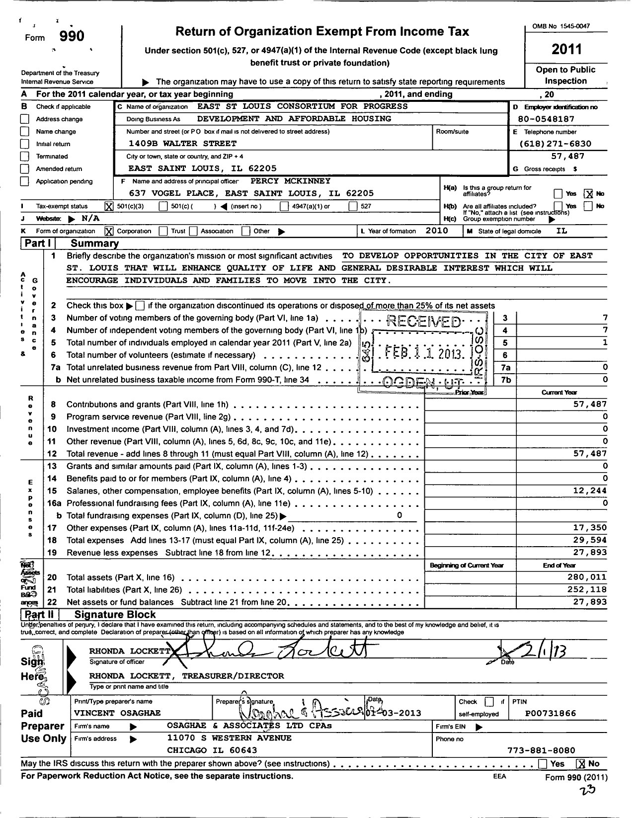 Image of first page of 2011 Form 990 for Development and Affordable Housing