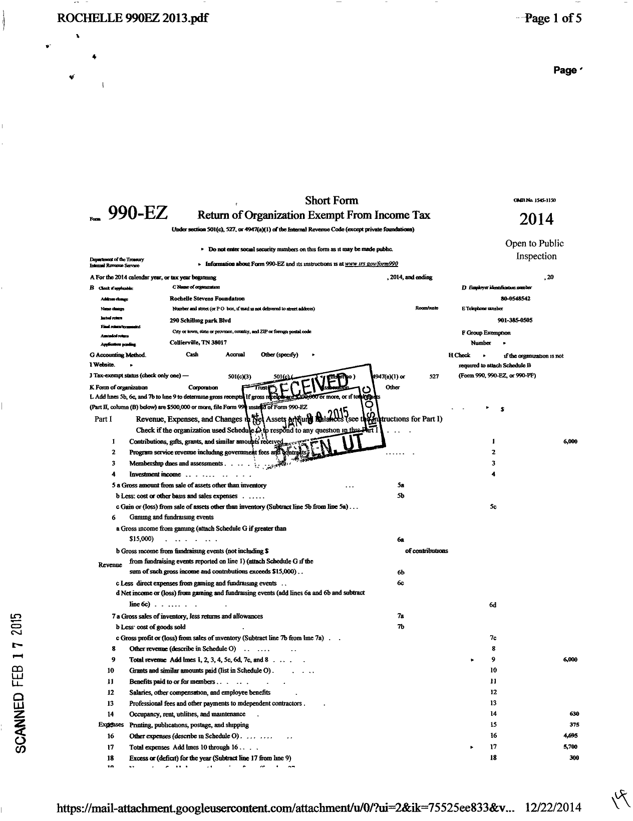 Image of first page of 2014 Form 990EO for Rochelle Stevens Foundation