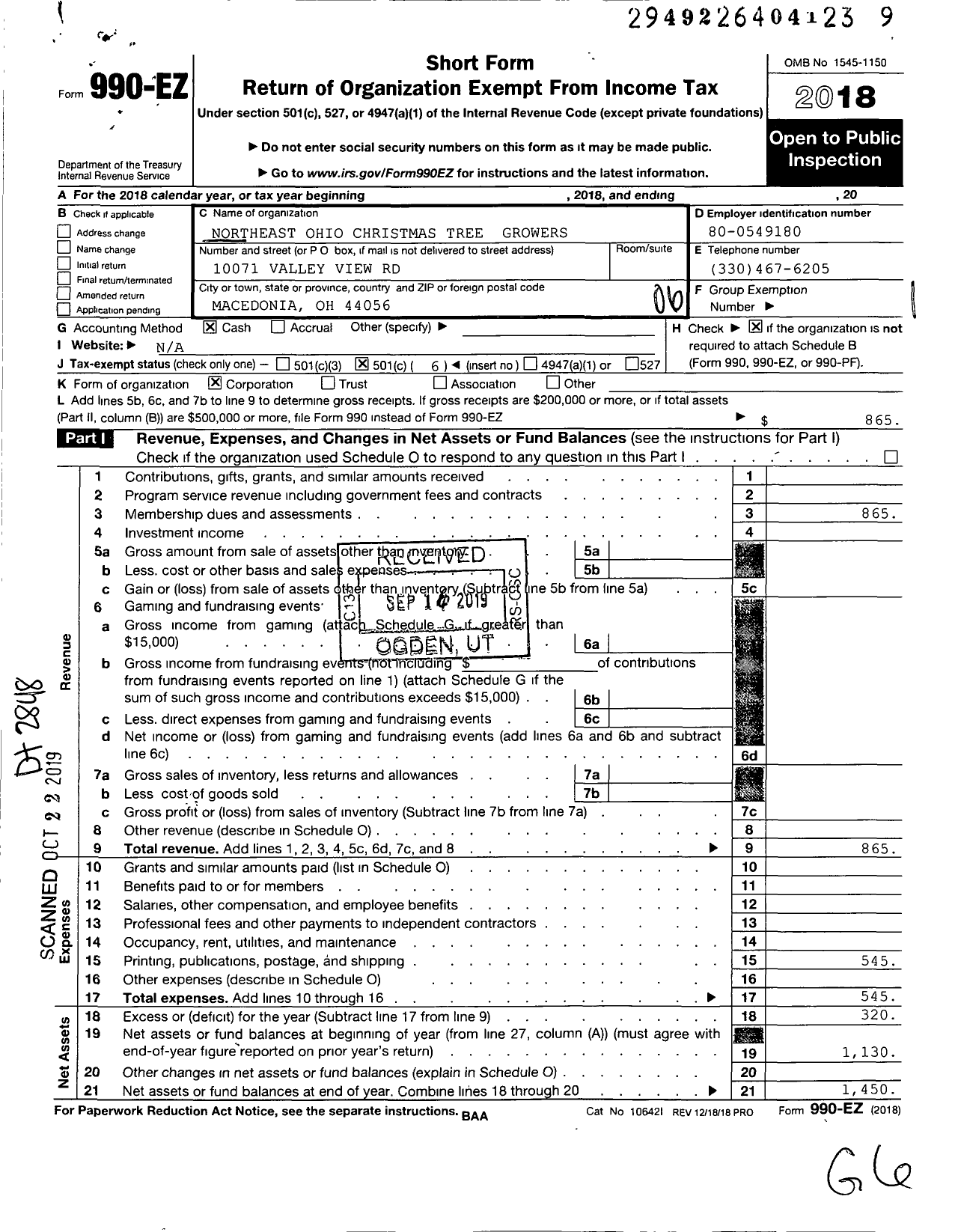 Image of first page of 2018 Form 990EO for Northeast Ohio Christmas Tree Growers